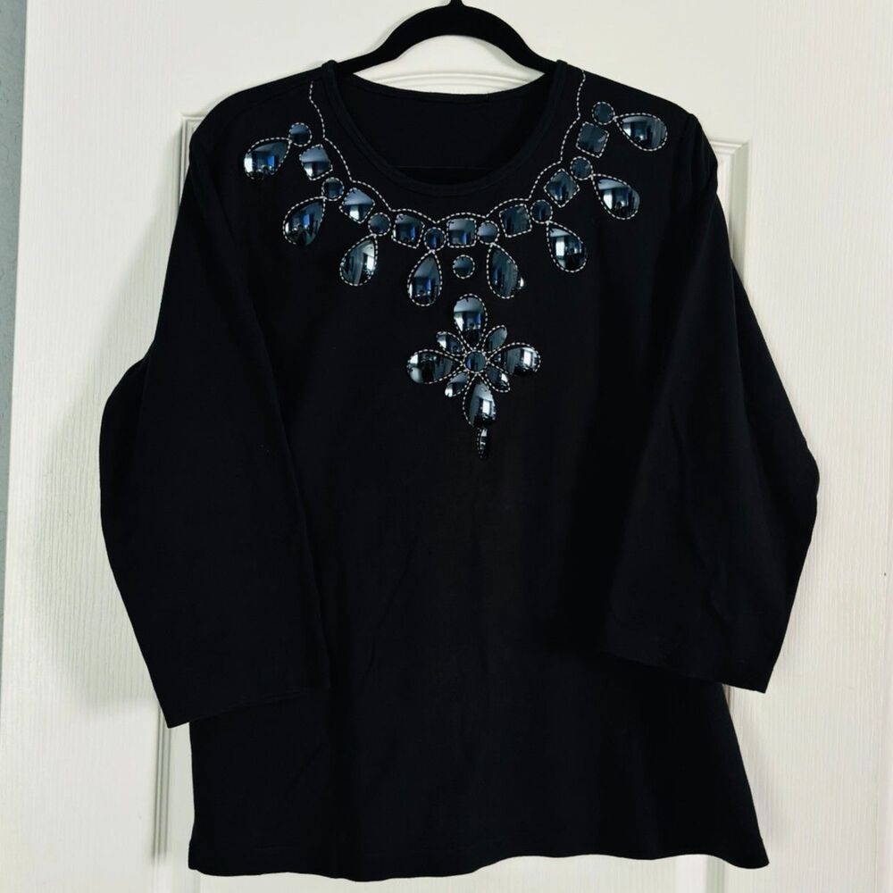Indigo Moon Black Embellished Floral 3/4 Sleeve Knit Top Women's Large